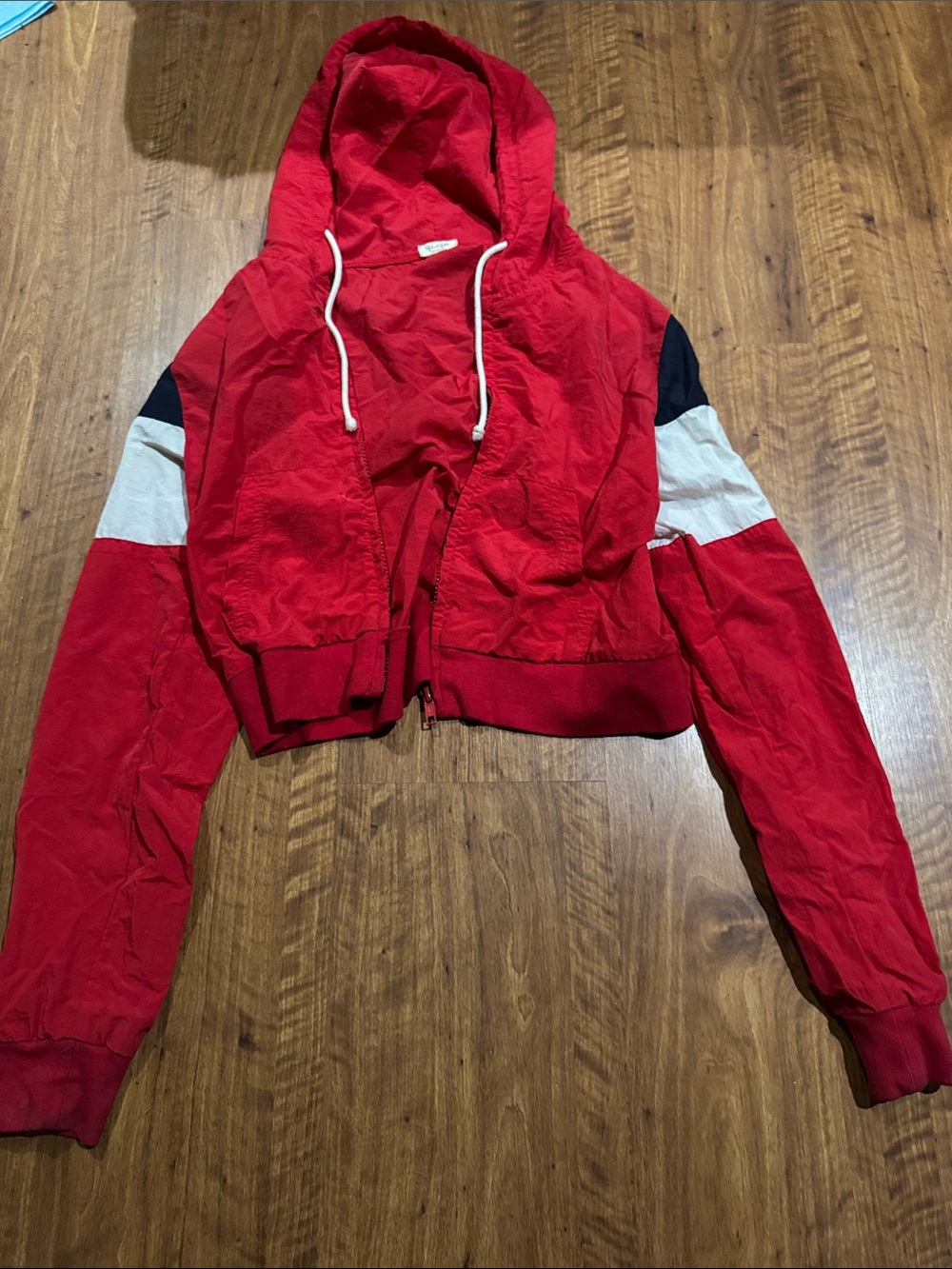 Brandy Melville Red Hooded Colorblock Cropped Bomber Jacket